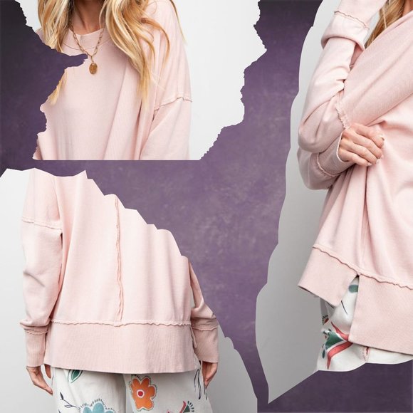 EASEL "SUPER COZY" Mineral Washed Distressed Seams Long Sleeved Top W/Side Slits - Picture 9 of 13